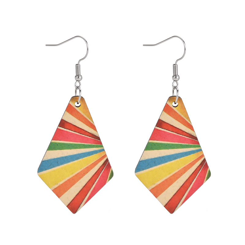 Colorful Stripes Rhombus Wooden Earrings, Boho Style